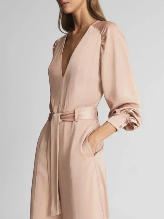 Reiss Elsa Blush Wide Leg Jumpsuit Belted V-Neck Long Sleeve Size 6 25270 - Picture 3 of 16